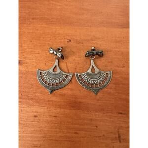 Vintage Art Deco Style Bow Stud Silver Openwork Fan Shaped Dangle Earrings